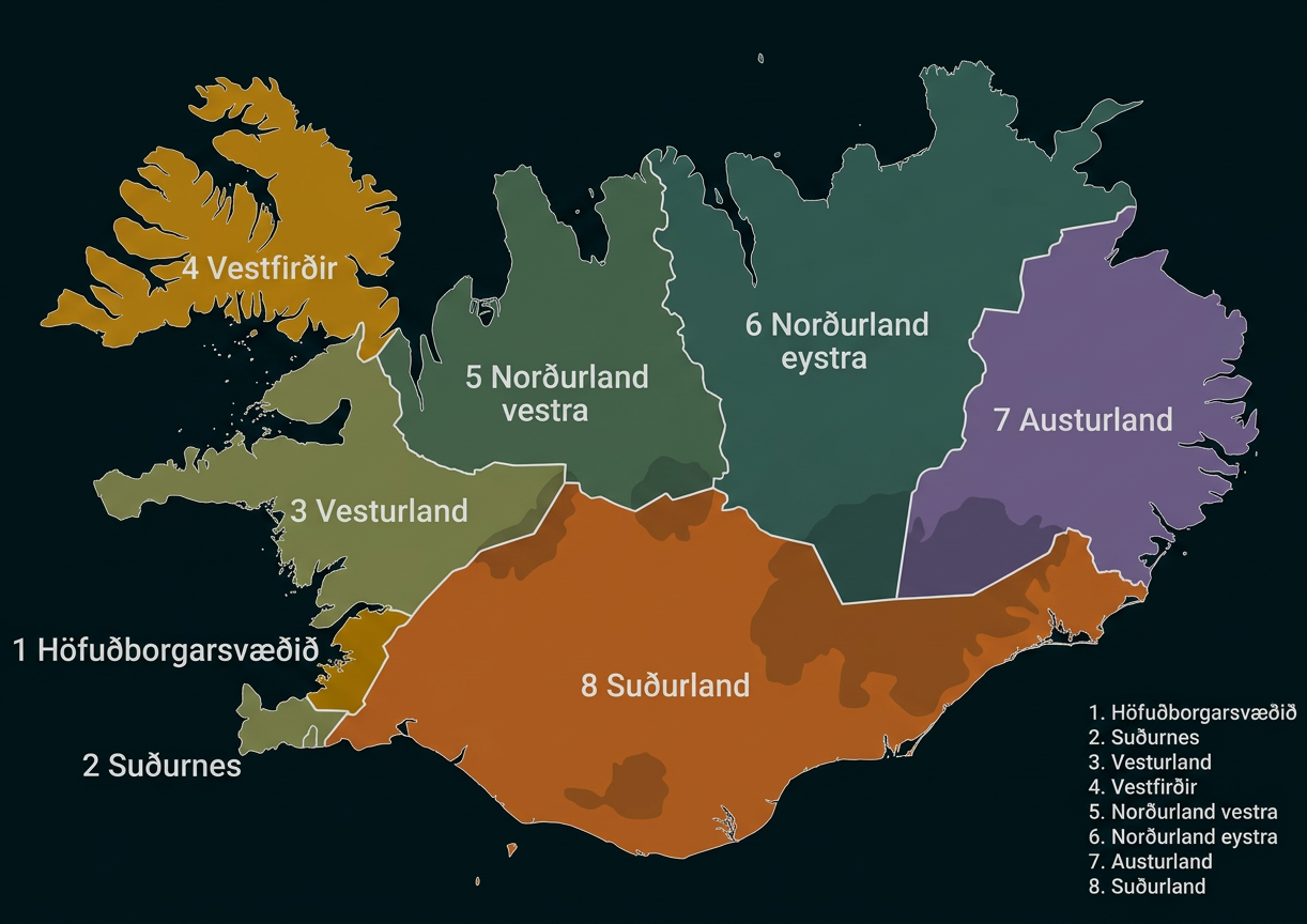 Karte Islands mit den acht Verwaltungsregionen und ihren Bezeichnungen.